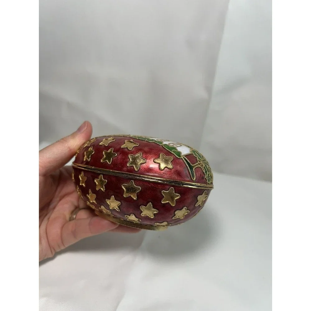 Enamel White House & American Star Flag Egg Shaped Trinket‎ Box Jewelry Dish